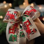 Panglica de Craciun pentru Decor Brad, Embo, Panglica Decorativa de Craciun pentru Funde, Imprimeu Trenulet, 200 x 6.3 m, Khaki - imagine 3