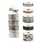 Panglica Decorativa cu Tematica de Craciun, Embo, Set din 4 bucat + 1 Rulon Ata Maro, Panglica pentru Cadou de Craciun Brad si Decor, 2 M per bucata, Model Brad, Alb Verde