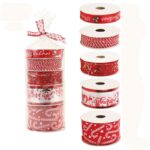 Panglica Decorativa cu Tematica de Craciun, Embo, Set din 4 bucat + 1 Rulon Ata Rosie Alba, Panglica pentru Cadou de Craciun Brad si Decor, 2 M per bucata, Model Acadele, Rosu