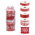 Panglica Decorativa cu Tematica de Craciun, Embo, Set din 4 bucat + 1 Rulon Ata Rosie Alba, Panglica pentru Cadou de Craciun Brad si Decor, 2 M per bucata, Model HO HO HO, Rosu
