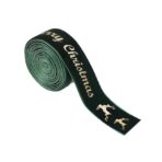 Panglica Decorativa de Craciun, Embo, Panglica din Panza cu aspec de Catifea, Funda Ornament, Model Merry Christmas si Cerbi Aurii, Decor pentru Brad de Craciun, 200 x 2.5 cm, Verde