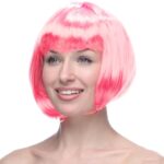 Peruca Cosplay, Embo, Tunsoare Bob cu Breton, pentru Carnaval, Halloween, Petreceri Tematice, din PET, Marime Universala, Roz Deschis