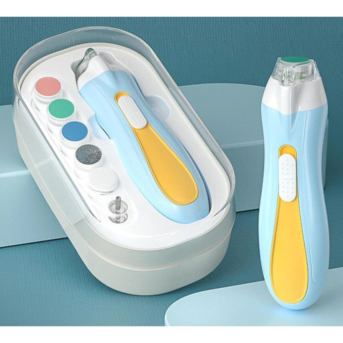 Pila Electrica, Embo, pentru Copii si Bebelusi, din ABS, 6 Accesorii, cu Lumina LED, 9.5 x 6 x 17 cm, Albastru/Portocaliu - imagine 3