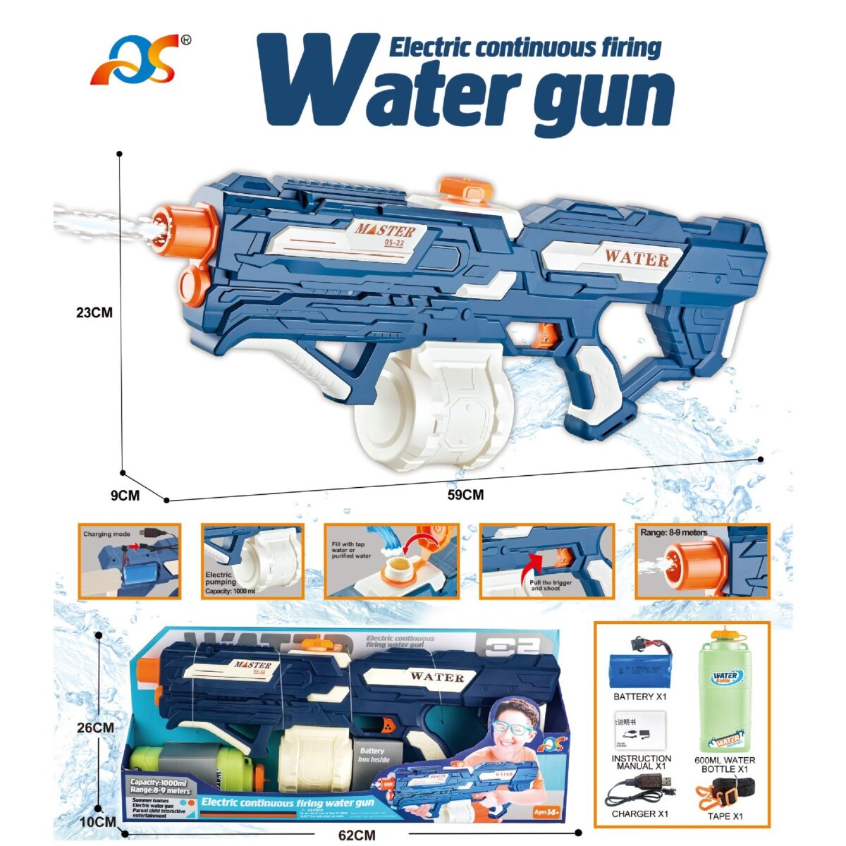 Jucarie de apa pentru copii, Rezervor 600ml, Embo, 14ani+, cu baterie 1200mAh, Electric Burst, Albastru/Alb, 1000ML - imagine 5