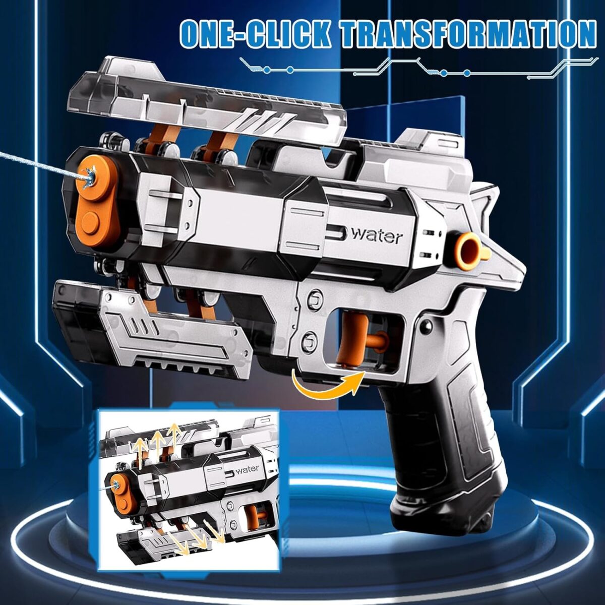 Pistol Manual cu Apa, Embo, Jucarie Pistol cu Apa Sigur Pentru Copii, Design Nou S-Shooter Atractiv, 23 x 14.5 cm, Negru Transparent - imagine 5