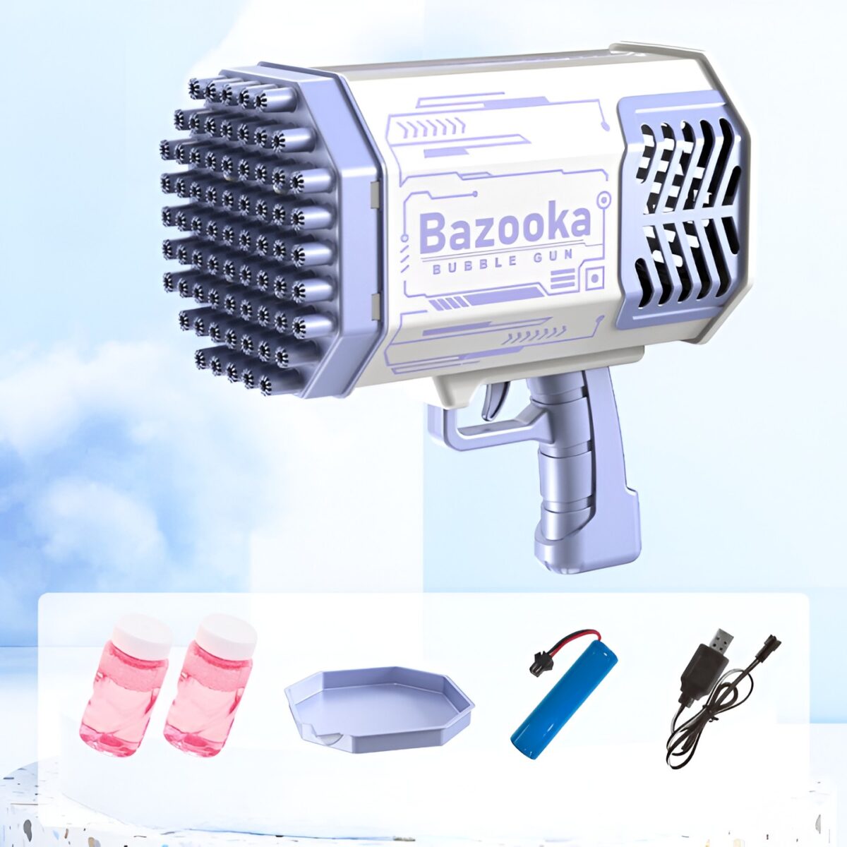 Pistol pentru Baloane de Sapun, Embo, 69 de Gauri, Lumini Colorate, Tavita, Lichid, Baterie de Li, Cablu de Incarcare, 24cm x 14cm x 24cm, Mov - imagine 3