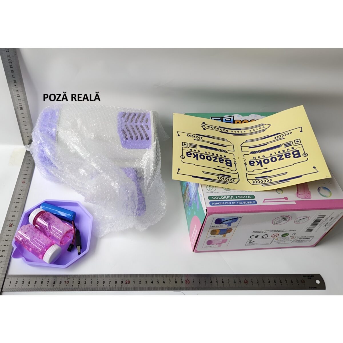 Pistol pentru Baloane de Sapun, Embo, 69 de Gauri, Lumini Colorate, Tavita, Lichid, Baterie de Li, Cablu de Incarcare, 24cm x 14cm x 24cm, Mov - imagine 7