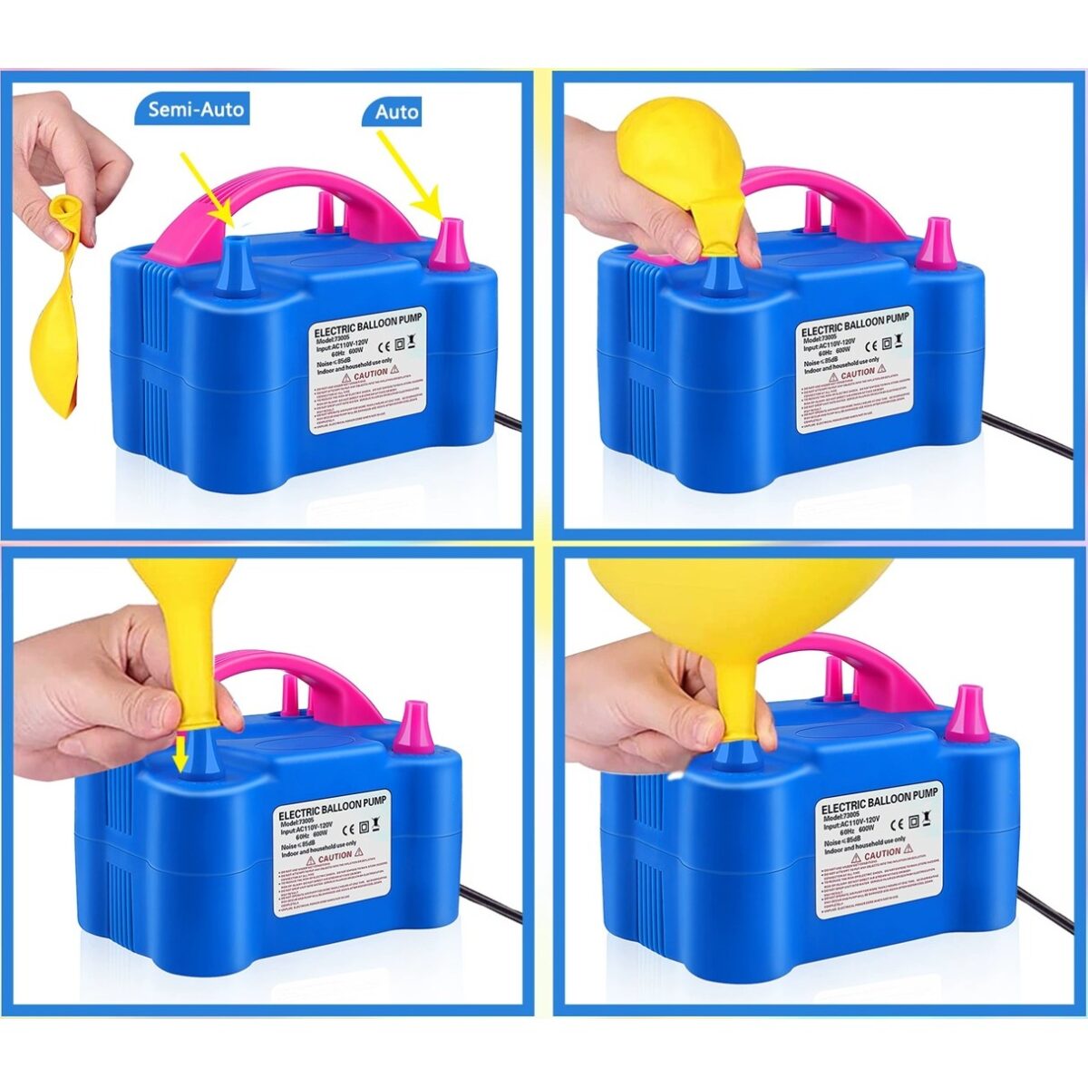 Pompa Electrica Pentru Umflat Baloane, 600 W, Doua Capete de Umflat, din Plastic, 19.5 x 14 x 13 cm, Albastru/Roz - imagine 4