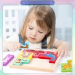 Puzzle din Lemn Embo, Tip Tetris, +4 Ani, cu Animale Colorate 3D, 7 Piese, Multicolor - imagine 3