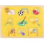 Puzzle Montessori din Lemn pentru Copii, Embo, 0-3 Ani, 3D, Model Sporturi, Educativ, Intuitiv, Creativ, 9 Piese, 30x22.5x0.8 cm, Multicolor