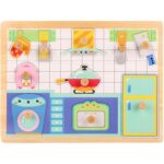 Puzzle Montessori din Lemn pentru Copii, Embo, 3D, 0-3 Ani, Model Bucatarie, Educativ, Intuitiv, Creativ, 10 Piese, 30x22.5x0.8 cm, Multicolor