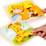 Puzzle Montessori din Lemn pentru Copii, Embo, 3D, 0-3 Ani, Model Catel, Educativ, Intuitiv, Creativ, 3 Piese, 15x15x0.5 cm, Multicolor - imagine 5