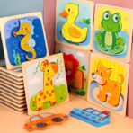 Puzzle Montessori din Lemn pentru Copii, Embo, 3D, 0-3 Ani, Model Catel, Educativ, Intuitiv, Creativ, 3 Piese, 15x15x0.5 cm, Multicolor - imagine 8
