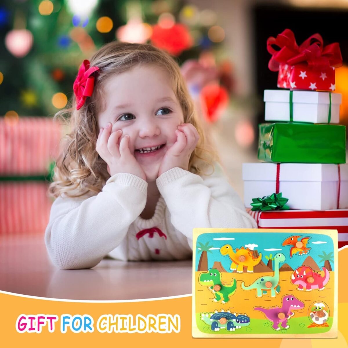 Puzzle Montessori din Lemn pentru Copii, Embo, 3D, 0-3 Ani, Model Dinozauri, Educativ, Intuitiv, Creativ, 8 Piese, 30x22.5x0.8 cm, Multicolor - imagine 2