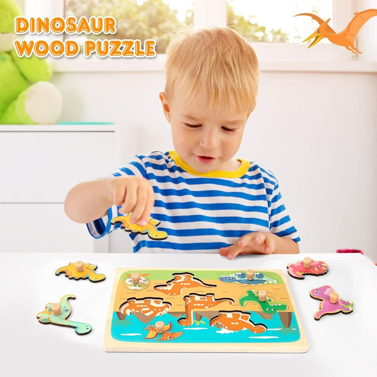 Puzzle Montessori din Lemn pentru Copii, Embo, 3D, 0-3 Ani, Model Dinozauri, Educativ, Intuitiv, Creativ, 8 Piese, 30x22.5x0.8 cm, Multicolor - imagine 3