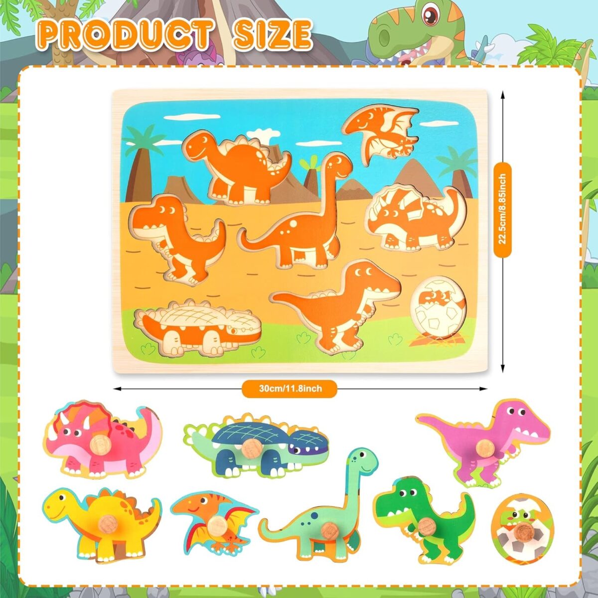 Puzzle Montessori din Lemn pentru Copii, Embo, 3D, 0-3 Ani, Model Dinozauri, Educativ, Intuitiv, Creativ, 8 Piese, 30x22.5x0.8 cm, Multicolor - imagine 4