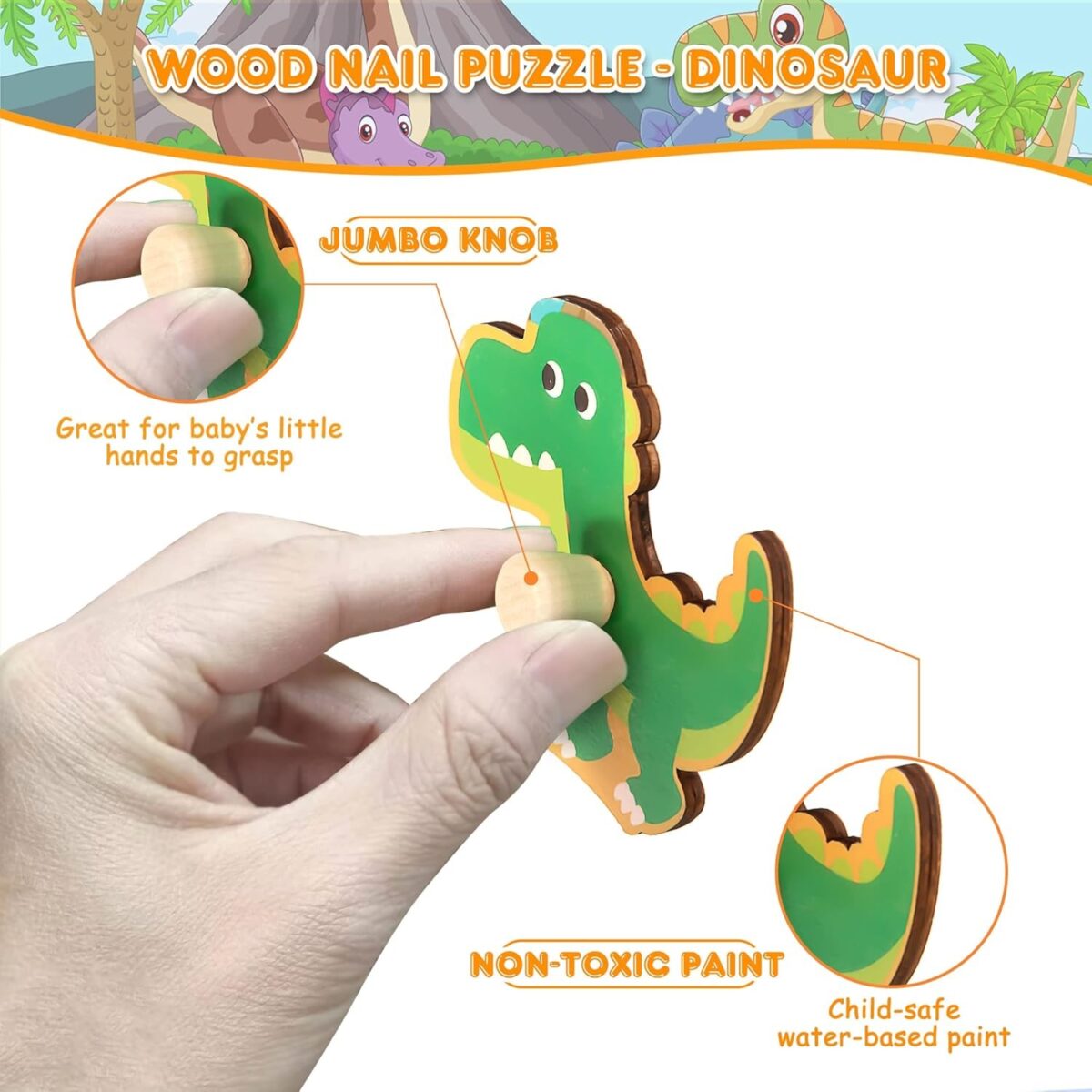 Puzzle Montessori din Lemn pentru Copii, Embo, 3D, 0-3 Ani, Model Dinozauri, Educativ, Intuitiv, Creativ, 8 Piese, 30x22.5x0.8 cm, Multicolor - imagine 5