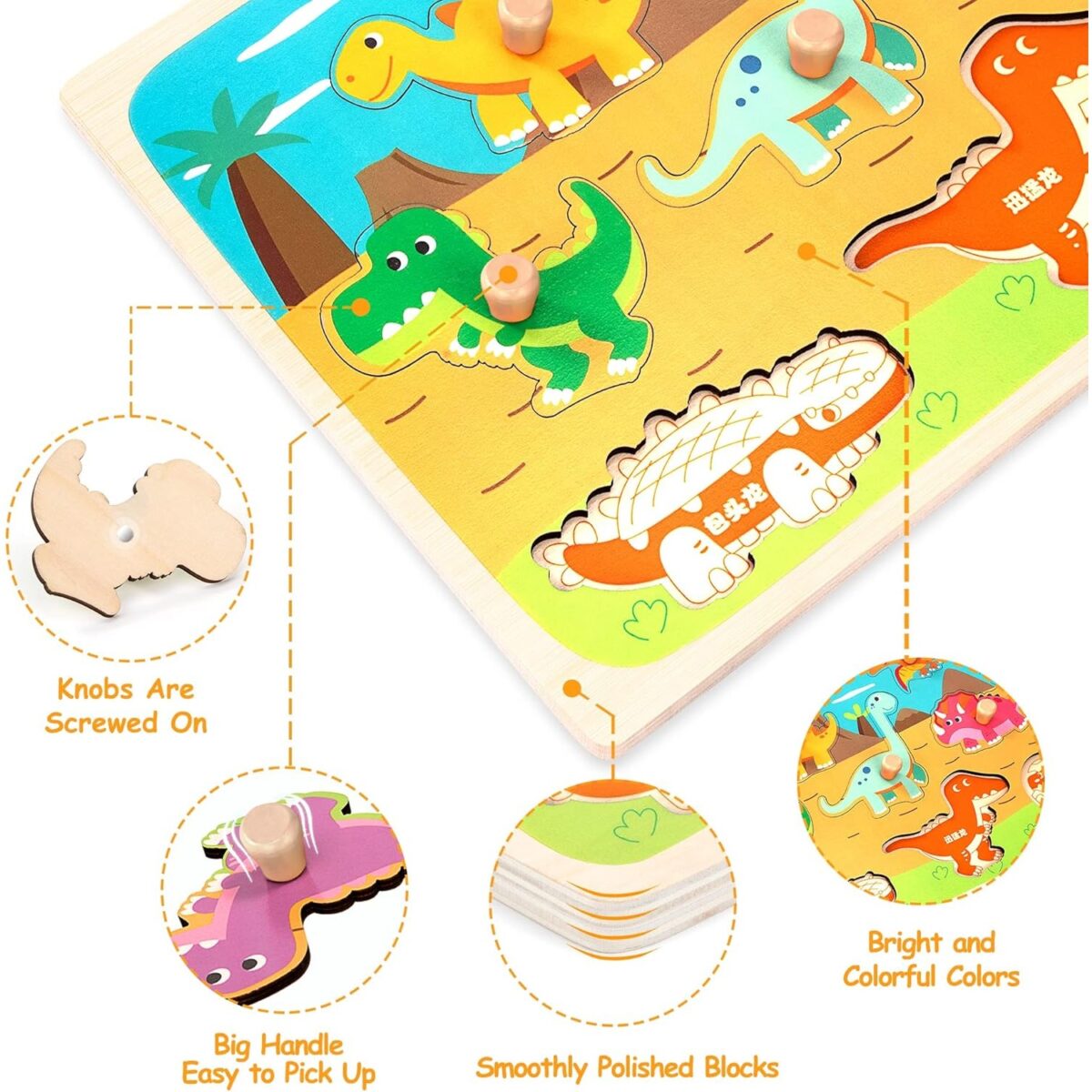 Puzzle Montessori din Lemn pentru Copii, Embo, 3D, 0-3 Ani, Model Dinozauri, Educativ, Intuitiv, Creativ, 8 Piese, 30x22.5x0.8 cm, Multicolor - imagine 6