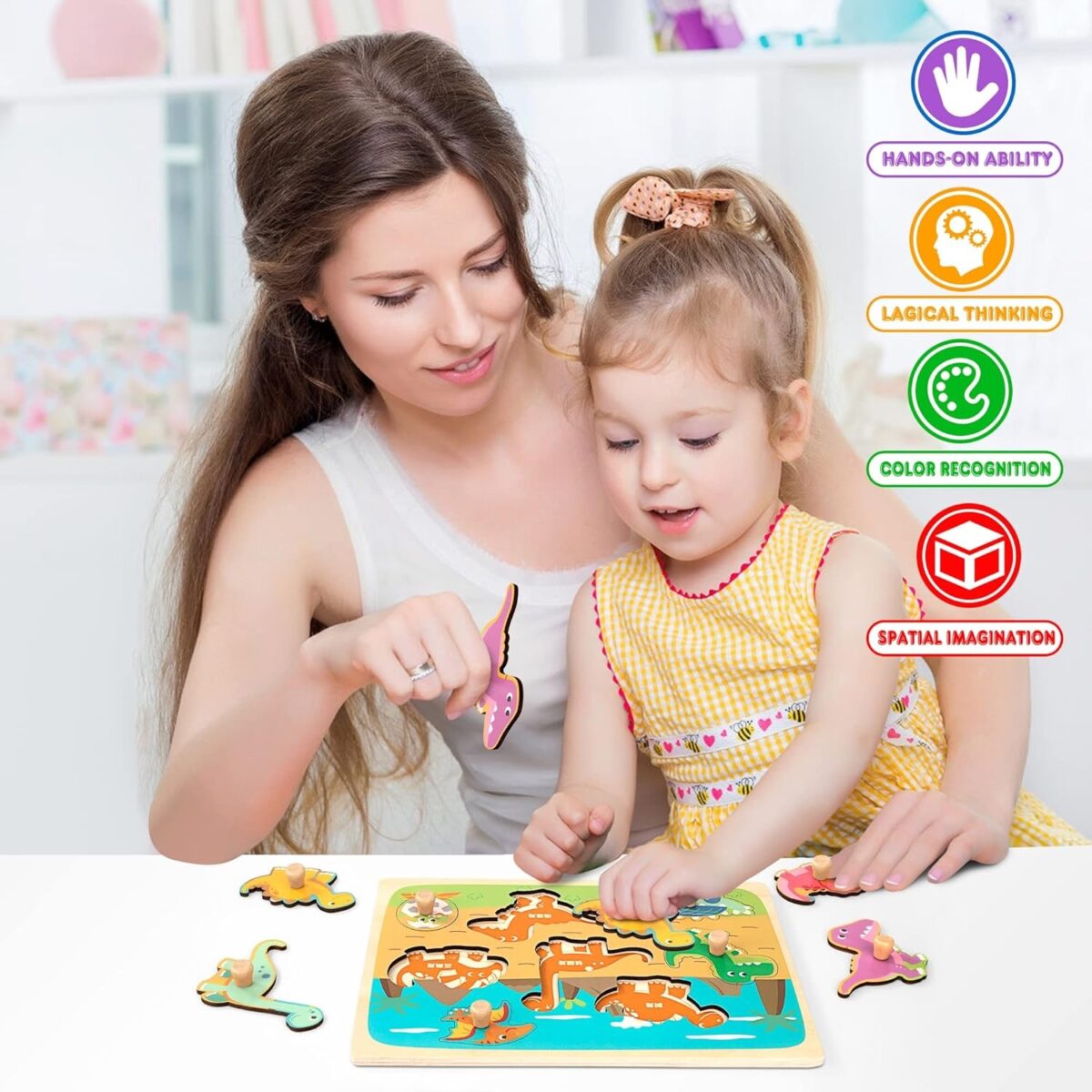 Puzzle Montessori din Lemn pentru Copii, Embo, 3D, 0-3 Ani, Model Dinozauri, Educativ, Intuitiv, Creativ, 8 Piese, 30x22.5x0.8 cm, Multicolor - imagine 7