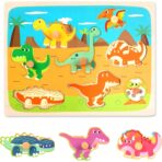 Puzzle Montessori din Lemn pentru Copii, Embo, 3D, 0-3 Ani, Model Dinozauri, Educativ, Intuitiv, Creativ, 8 Piese, 30x22.5x0.8 cm, Multicolor