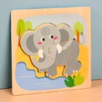 Puzzle Montessori din Lemn pentru Copii, Embo, 3D, 0-3 Ani, Model Elefant, Educativ, Intuitiv, Creativ, 4 Piese, 15x15x0.5 cm, Multicolor - imagine 3
