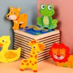 Puzzle Montessori din Lemn pentru Copii, Embo, 3D, 0-3 Ani, Model Girafa, Educativ, Intuitiv, Creativ, 4 Piese, 15x15x0.5 cm, Multicolor - imagine 6