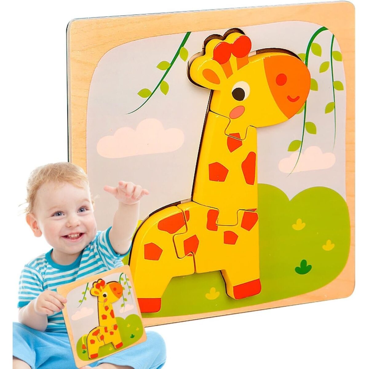 Puzzle Montessori din Lemn pentru Copii, Embo, 3D, 0-3 Ani, Model Girafa, Educativ, Intuitiv, Creativ, 4 Piese, 15x15x0.5 cm, Multicolor - imagine 9