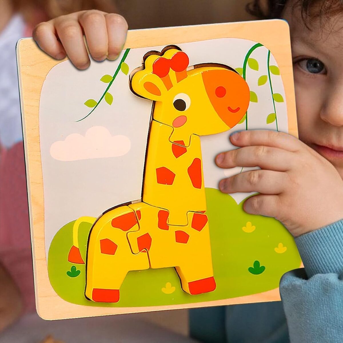 Puzzle Montessori din Lemn pentru Copii, Embo, 3D, 0-3 Ani, Model Girafa, Educativ, Intuitiv, Creativ, 4 Piese, 15x15x0.5 cm, Multicolor - imagine 11