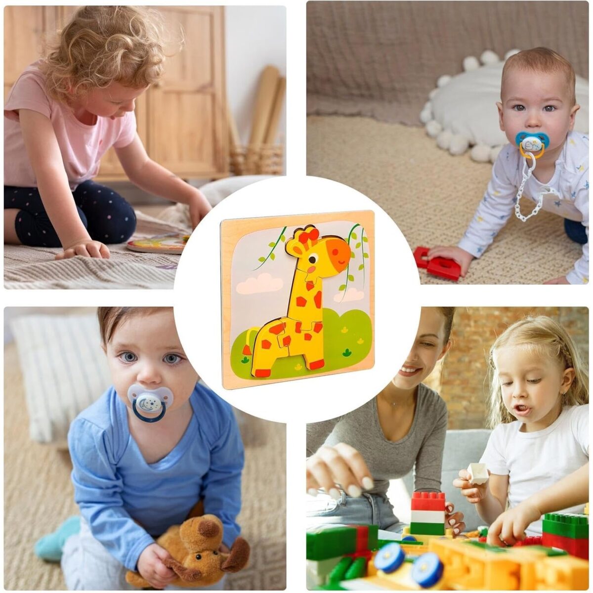 Puzzle Montessori din Lemn pentru Copii, Embo, 3D, 0-3 Ani, Model Girafa, Educativ, Intuitiv, Creativ, 4 Piese, 15x15x0.5 cm, Multicolor - imagine 13