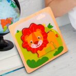 Puzzle Montessori din Lemn pentru Copii, Embo, 3D, 0-3 Ani, Model Leu, Educativ, Intuitiv, Creativ, 3 Piese, 15x15x0.5 cm, Multicolor - imagine 4