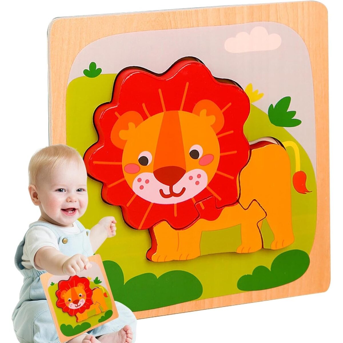 Puzzle Montessori din Lemn pentru Copii, Embo, 3D, 0-3 Ani, Model Leu, Educativ, Intuitiv, Creativ, 3 Piese, 15x15x0.5 cm, Multicolor - imagine 5