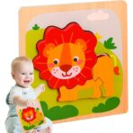 Puzzle Montessori din Lemn pentru Copii, Embo, 3D, 0-3 Ani, Model Leu, Educativ, Intuitiv, Creativ, 3 Piese, 15x15x0.5 cm, Multicolor - imagine 5
