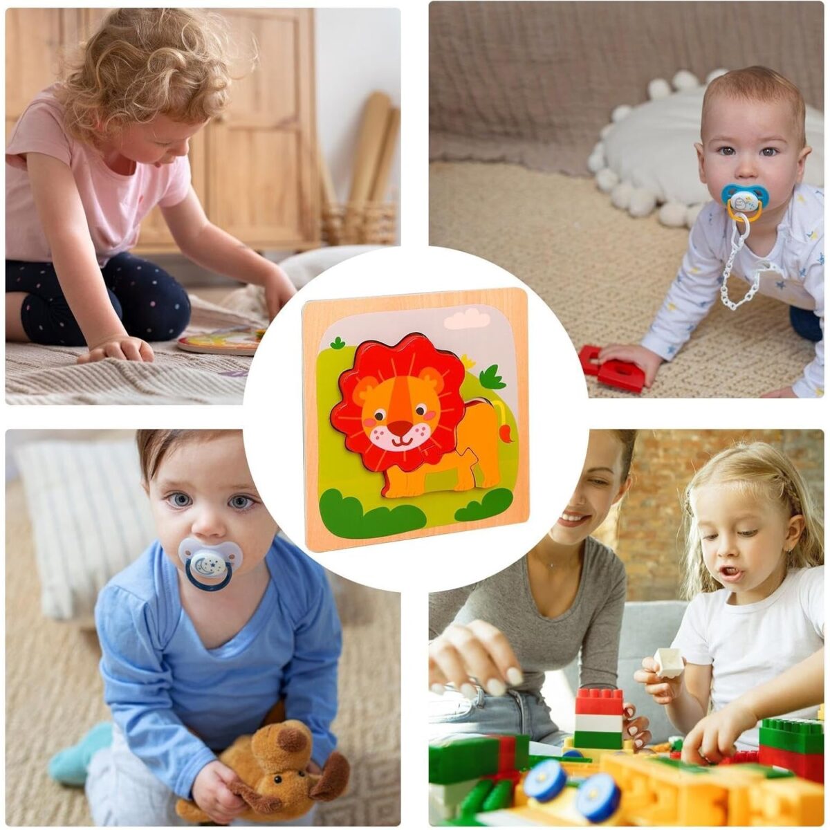 Puzzle Montessori din Lemn pentru Copii, Embo, 3D, 0-3 Ani, Model Leu, Educativ, Intuitiv, Creativ, 3 Piese, 15x15x0.5 cm, Multicolor - imagine 7