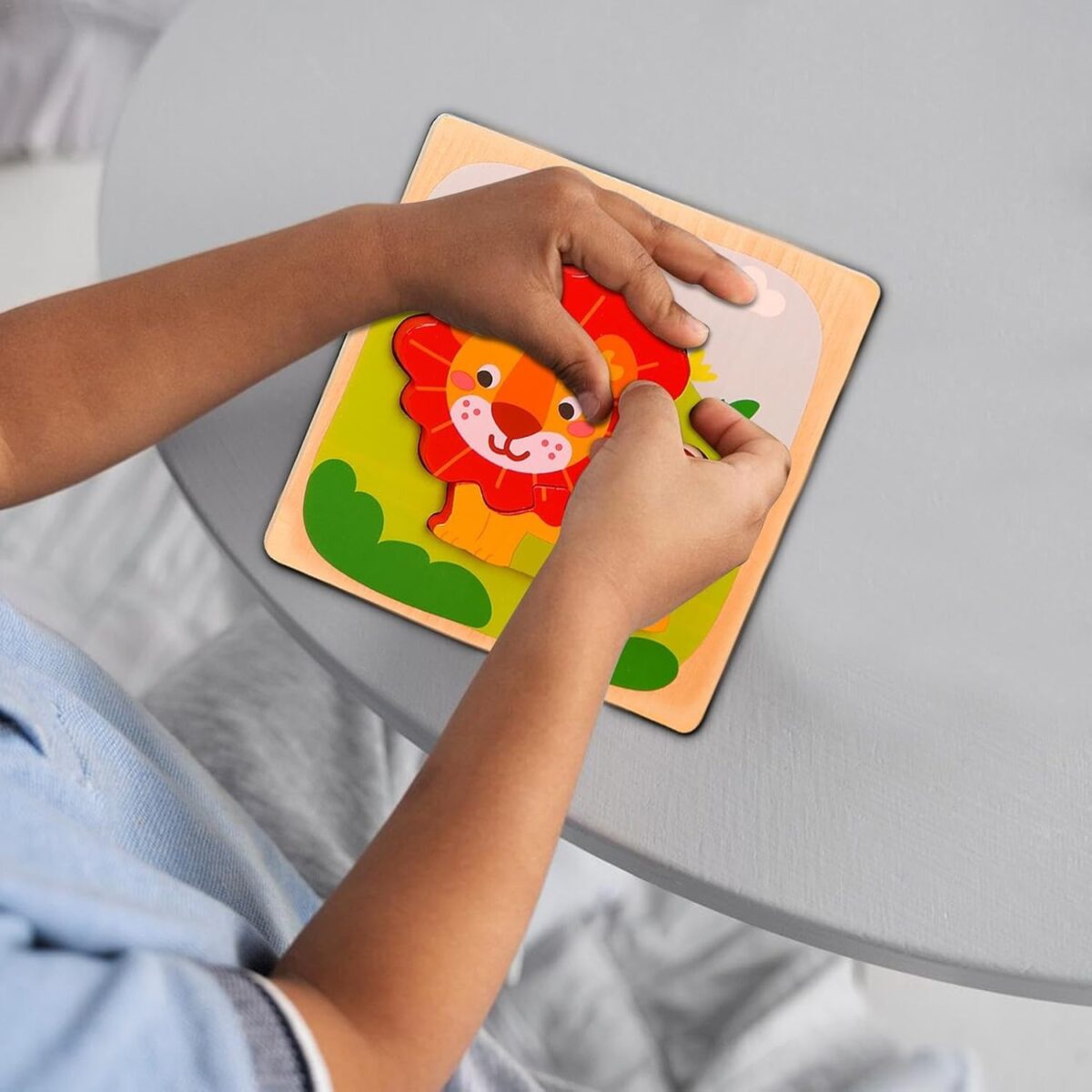 Puzzle Montessori din Lemn pentru Copii, Embo, 3D, 0-3 Ani, Model Leu, Educativ, Intuitiv, Creativ, 3 Piese, 15x15x0.5 cm, Multicolor - imagine 8