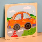Puzzle Montessori din Lemn pentru Copii, Embo, 3D, 0-3 Ani, Model Masina, Educativ, Intuitiv, Creativ, 5 Piese, 15x15x0.5 cm, Multicolor - imagine 3