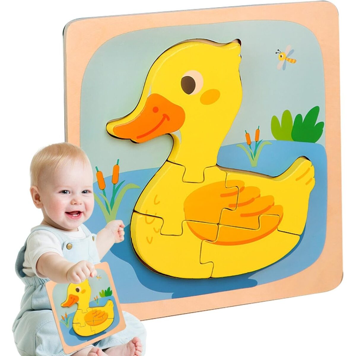 Puzzle Montessori din Lemn pentru Copii, Embo, 3D, 0-3 Ani, Model Ratusca, Educativ, Intuitiv, Creativ, 5 Piese, 15x15x0.5 cm, Multicolor - imagine 4