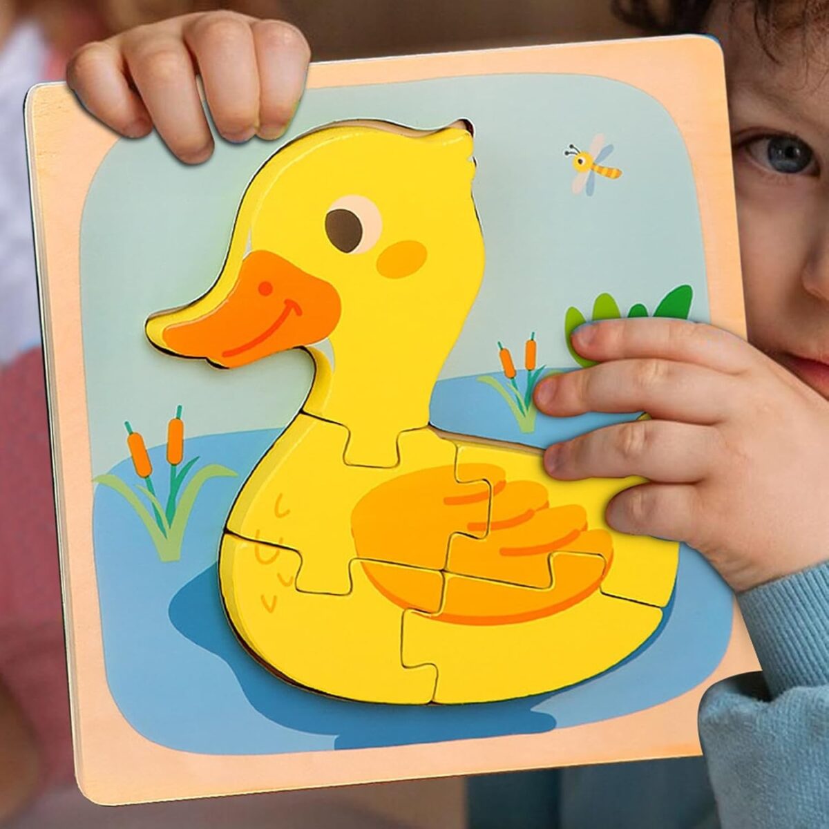 Puzzle Montessori din Lemn pentru Copii, Embo, 3D, 0-3 Ani, Model Ratusca, Educativ, Intuitiv, Creativ, 5 Piese, 15x15x0.5 cm, Multicolor - imagine 5