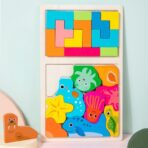 Puzzle Montessori din Lemn pentru Copii, Embo, Tip Tetris 2in1 +3 Ani, cu Animale Marine Colorate 3D, Educativ, Intuitiv, Creativ, 21 de Piese, 28.5x17x1.2 cm, Multicolor - imagine 5