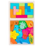 Puzzle Montessori din Lemn pentru Copii, Embo, Tip Tetris 2in1 +3 Ani, cu Animale Marine Colorate 3D, Educativ, Intuitiv, Creativ, 21 de Piese, 28.5x17x1.2 cm, Multicolor