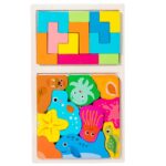 Puzzle Montessori din Lemn pentru Copii, Embo, Tip Tetris 2in1 +3 Ani, cu Animale Marine Colorate 3D, Educativ, Intuitiv, Creativ, 21 de Piese, 28.5x17x1.2 cm, Multicolor