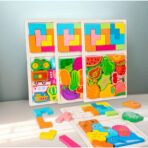 Puzzle Montessori din Lemn pentru Copii, Embo, Tip Tetris 2in1 +3 Ani, cu Fructe Colorate 3D, Educativ, Intuitiv, Creativ, 21 de Piese, 28.5x17x1.2 cm, Multicolor - imagine 5