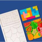Puzzle Montessori din Lemn pentru Copii, Embo, Tip Tetris 2in1 +3 Ani, cu Fructe Colorate 3D, Educativ, Intuitiv, Creativ, 21 de Piese, 28.5x17x1.2 cm, Multicolor - imagine 7