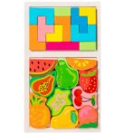 Puzzle Montessori din Lemn pentru Copii, Embo, Tip Tetris 2in1 +3 Ani, cu Fructe Colorate 3D, Educativ, Intuitiv, Creativ, 21 de Piese, 28.5x17x1.2 cm, Multicolor