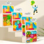 Puzzle Montessori din Lemn pentru Copii, Embo, Tip Tetris 2in1 +3 Ani, cu Legume Colorate 3D, Educativ, Intuitiv, Creativ, 21 de Piese, 28.5x17x1.2 cm, Multicolor - imagine 3