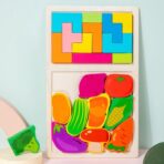 Puzzle Montessori din Lemn pentru Copii, Embo, Tip Tetris 2in1 +3 Ani, cu Legume Colorate 3D, Educativ, Intuitiv, Creativ, 21 de Piese, 28.5x17x1.2 cm, Multicolor - imagine 6