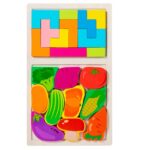 Puzzle Montessori din Lemn pentru Copii, Embo, Tip Tetris 2in1 +3 Ani, cu Legume Colorate 3D, Educativ, Intuitiv, Creativ, 21 de Piese, 28.5x17x1.2 cm, Multicolor