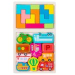 Puzzle Montessori din Lemn pentru Copii, Embo, Tip Tetris 2in1, +3 Ani, cu Masini Colorate 3D, Educativ, Intuitiv, Creativ, 21 de Piese, 28.5x17x1.2 cm, Multicolor