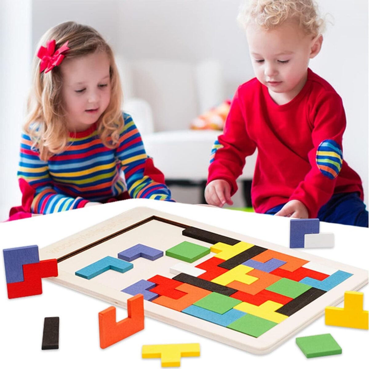 Puzzle Montessori, Embo, din Lemn, Tip Tetris, +36 Luni, Forme Neregulate, 40 Piese, 26.5 x 17.7 cm, Multicolor - imagine 8