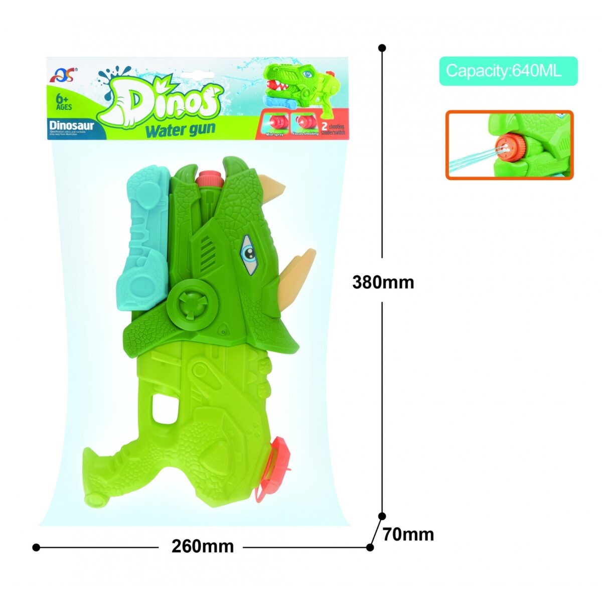 Pistol cu Apa pentru Copii, Rezervor, Pentru Piscina/Plaja, Embo, 6ani+, Triceratops, 3 duze, Verde, 640ML - imagine 2