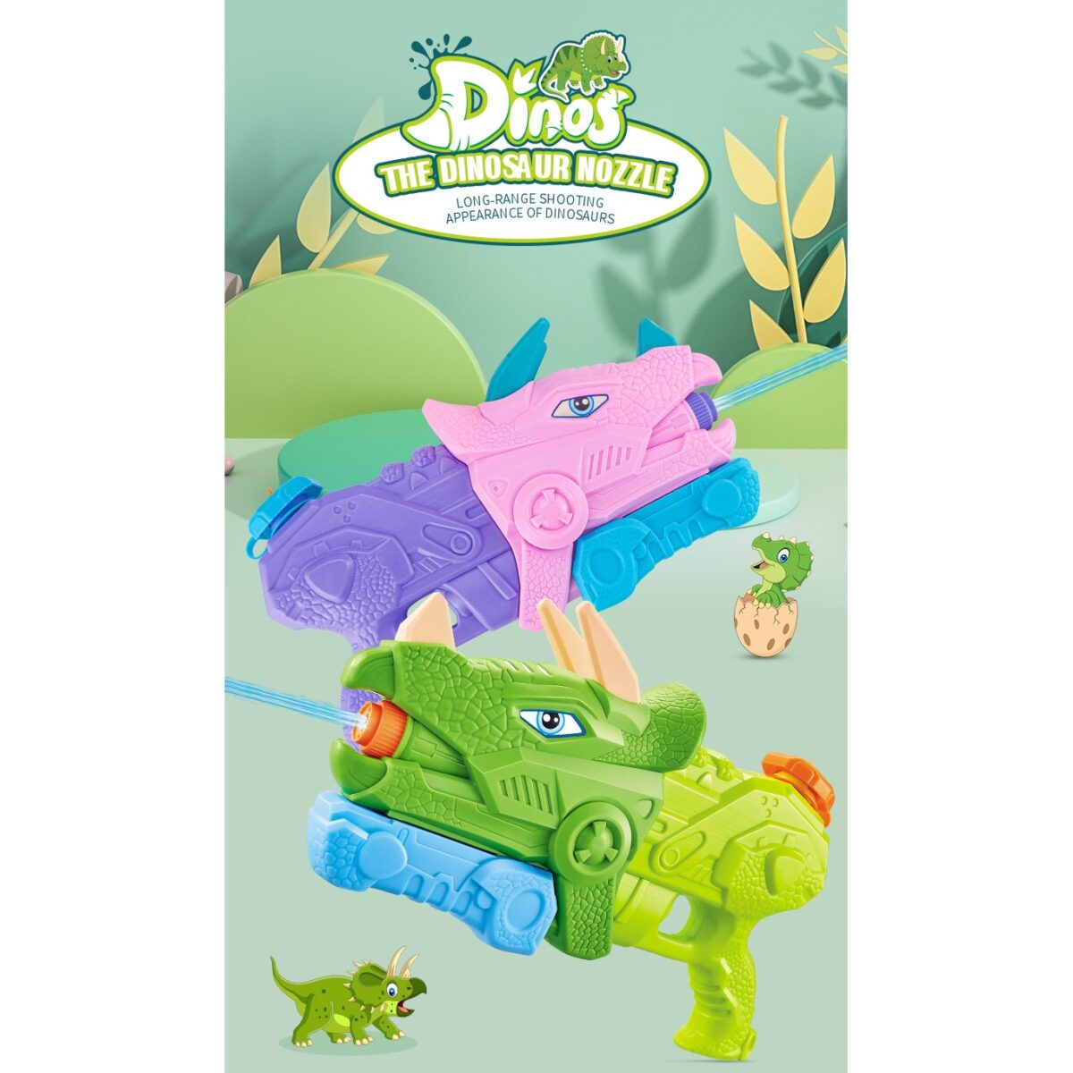 Pistol cu Apa pentru Copii, Rezervor, Pentru Piscina/Plaja, Embo, 6ani+, Triceratops, 3 duze, Verde, 640ML - imagine 8